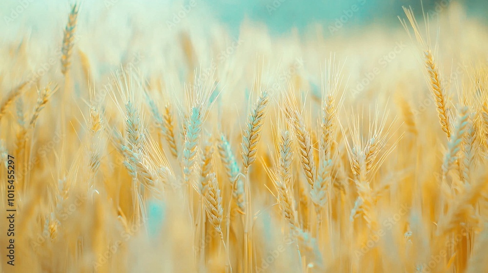A wheat field with a blue sky in the background and blurry stalks in the foreground A wheat field with a blue sky in the background and blurry stalks in the foreground