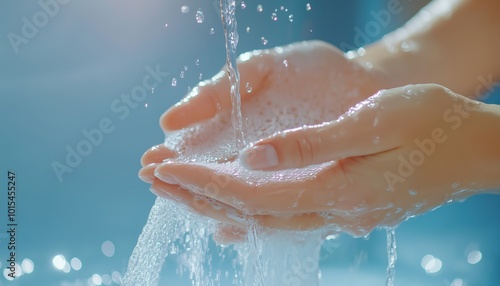 Woman Cleansing Hands With Pure Water: Celebrating World Environment Day And World Water Day With Hygiene And Wellness Practices. Nature And Medical Hygiene Lifestyle. photo