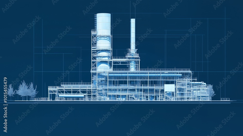 Fototapeta premium Blueprint sketch of an industrial complex with a tall silo in the background.