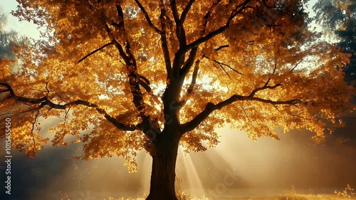A large tree with golden leaves stands in a misty field, sunlight shining through its branches and illuminating the surrounding area.