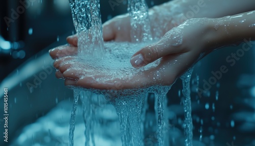 Woman Lavages Her Hands Beneath A Vintage Faucet Lacking An Aerator, Excessive Use Of Water. Close-Up Captures Stunning Water Flow And Droplets. photo