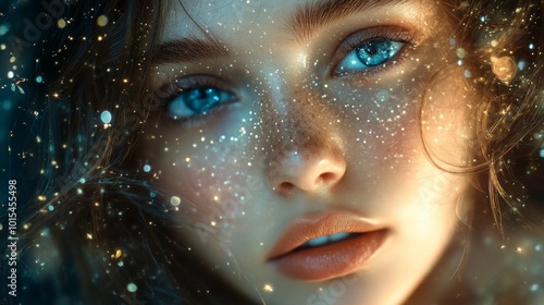 Dreamy girl surrounded by stars, ethereal fantasy portrait in soft focus