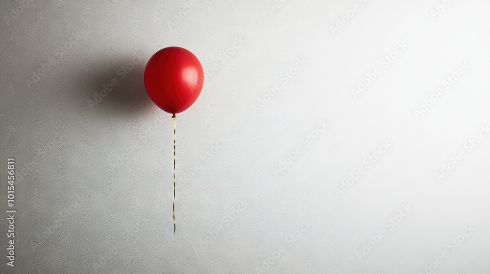 A crimson balloon dangles on a string, with a stick protruding from its side, against a white wall A crimson balloon dangles on a string, with a stick protruding from its side, against a white wall