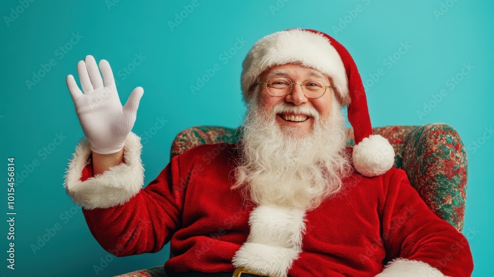 Cheerful Santa Claus waving with a big smile while sitting in a festive chair on a blue background. Banner Cheerful Santa Claus waving with a big smile while sitting in a festive chair on a blue background. Banner