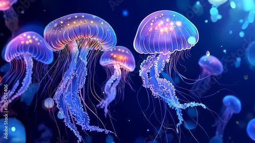 A vibrant underwater scene featuring glowing jellyfish drifting through the ocean.