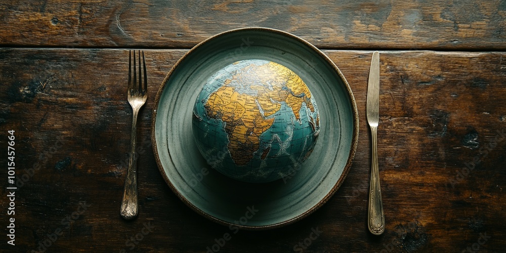 World food day concept with globe, cutlery, eco-friendly, flat lay view World food day concept with globe, cutlery, eco-friendly, flat lay view