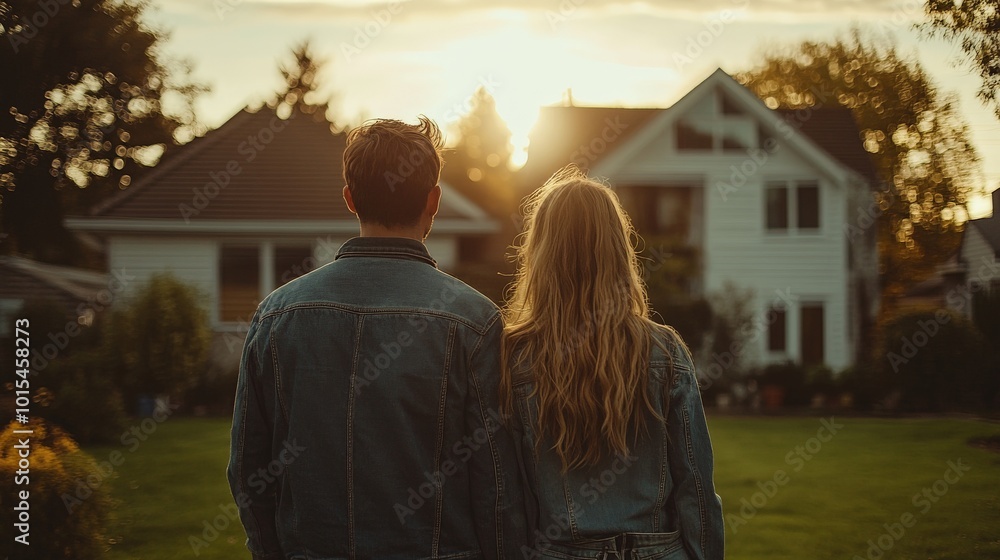 Happy couple hugging, looking at new suburban home at sunset glow