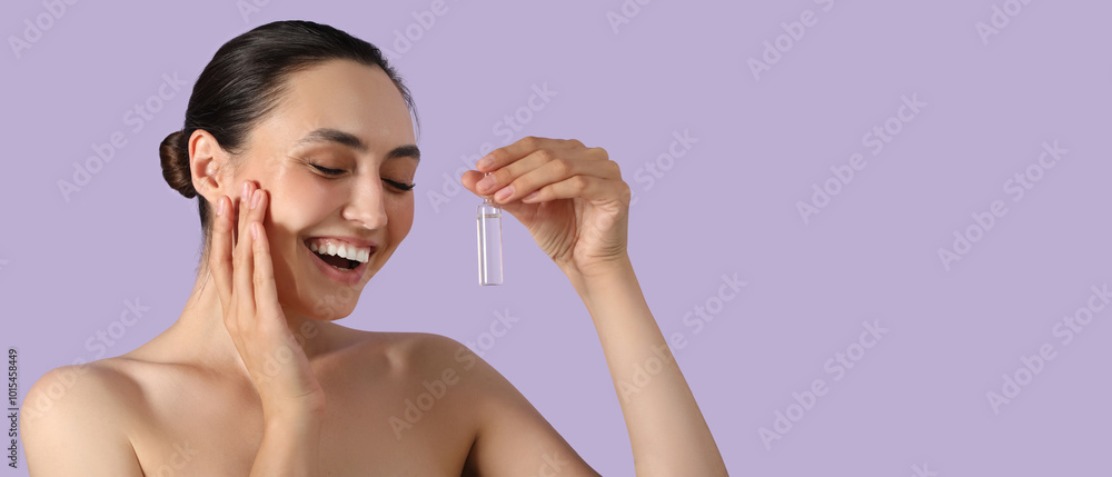 Obraz premium Beautiful young woman with ampule on lilac background, closeup