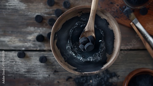 Black charcoal powder in a wooden bowl with a wooden spoon.