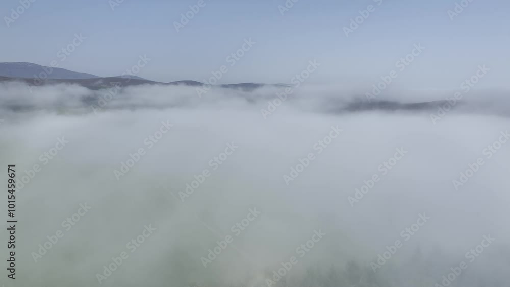 Coastal fog in the Scottish Highlands with hills, drone image, Broch of Ousdale, Berriedale, Scotland, Great Britain Coastal fog in the Scottish Highlands with hills, drone image, Broch of Ousdale, Berriedale, Scotland, Great Britain