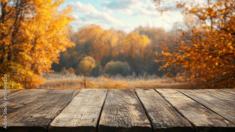 Fall background. Wooden table top in autumn forest Fall background. Wooden table top in autumn forest