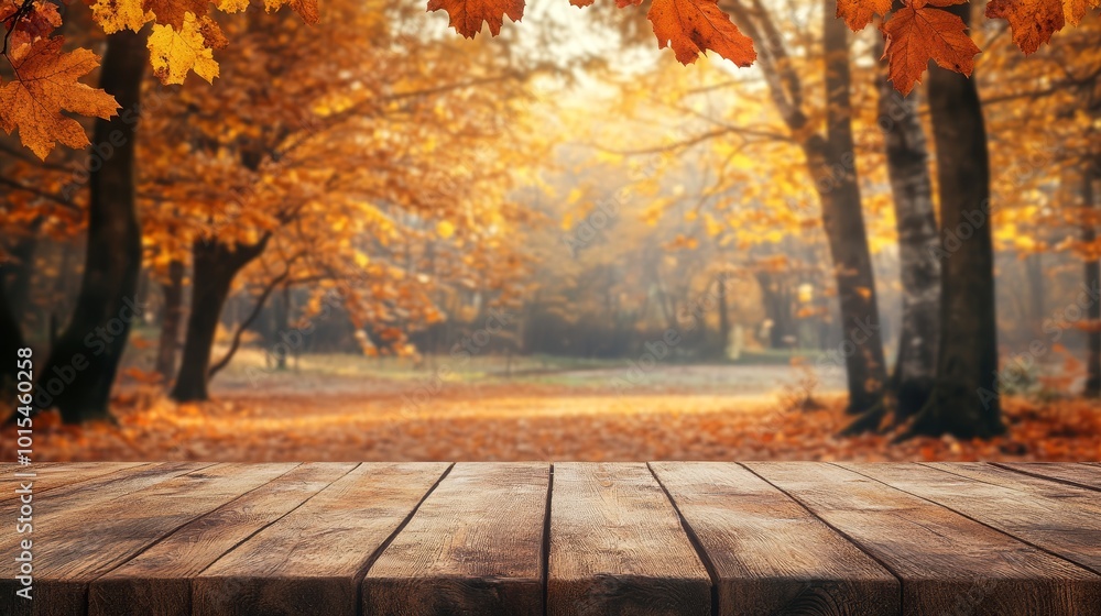 Fall background. Wooden table top in autumn forest Fall background. Wooden table top in autumn forest