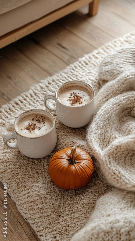 Cozy fall scene: pumpkins, sweaters, and hot chocolate on a rustic background Cozy fall scene: pumpkins, sweaters, and hot chocolate on a rustic background