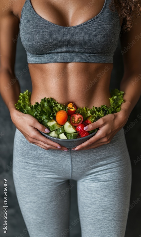 Fototapeta premium Wellness Vision: A harmonious human figure representing the integration of proper nutrition and diet, emphasizing fitness and a healthy lifestyle, showcasing the commitment to overall well-being.