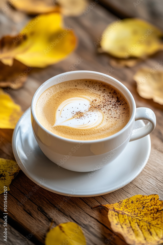 A cup with aromatic coffee with milk and foam on a wooden background with autumn leaves A cup with aromatic coffee with milk and foam on a wooden background with autumn leaves