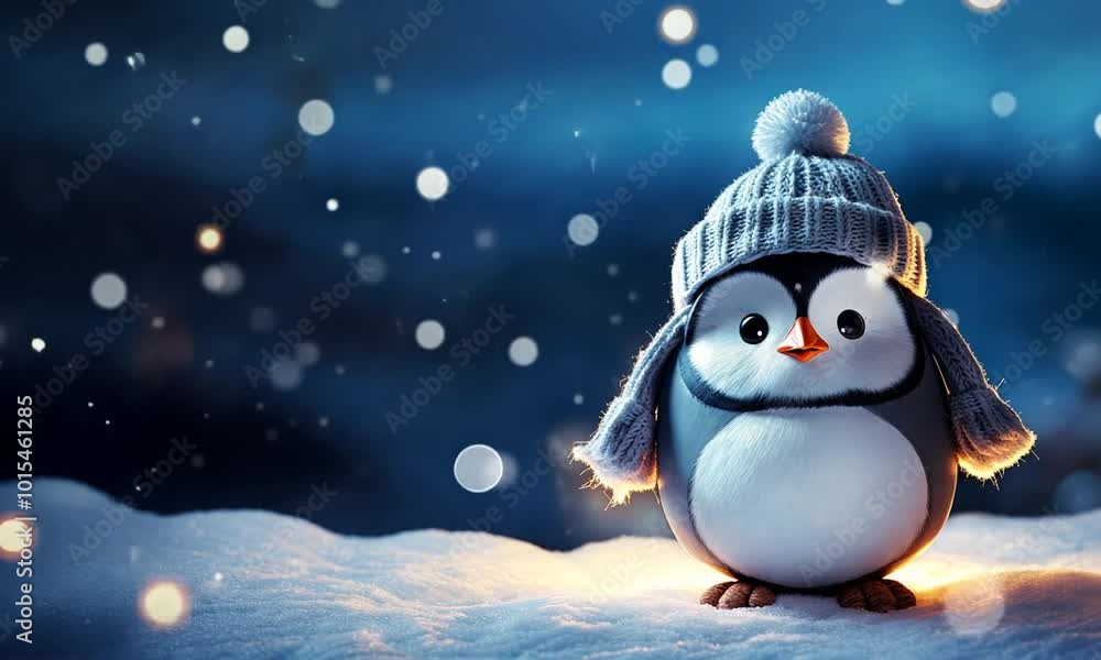 The scene of a winter Christmas and New Year's fairy tale. A cartoon penguin wearing a hat and scarf on a winter night. It is snowing The scene of a winter Christmas and New Year's fairy tale. A cartoon penguin wearing a hat and scarf on a winter night. It is snowing