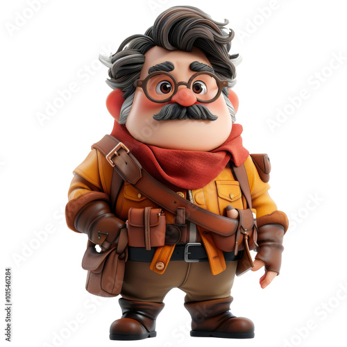 A cartoon character with glasses and a mustache is wearing a yellow jacket