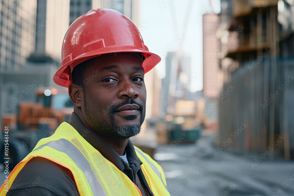 confident construction worker in hard hat and safety vest on construction site confident construction worker in hard hat and safety vest on construction site