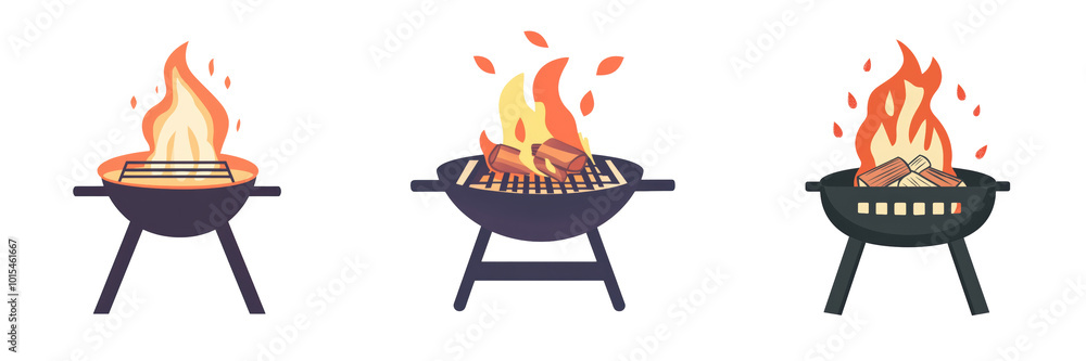 Grilling flames in three styles create warm, inviting atmosphere isolated on a white background, transparent background.
