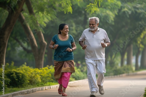 Happy senior couple jogging together in park with rich green plants. Man and woman wearing casual clothes, moving in sync. Park path paved, trees and bushes surrounding them.