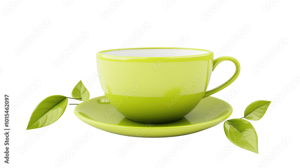 vibrant green cup with matching saucer and leaves, isolated on a white background, transparent background. vibrant green cup with matching saucer and leaves, isolated on a white background, transparent background.