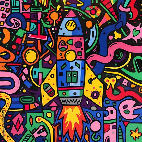 A colorful abstract rocket ship illustration with a doodle style design, with many geometric shapes in a colorful pattern.