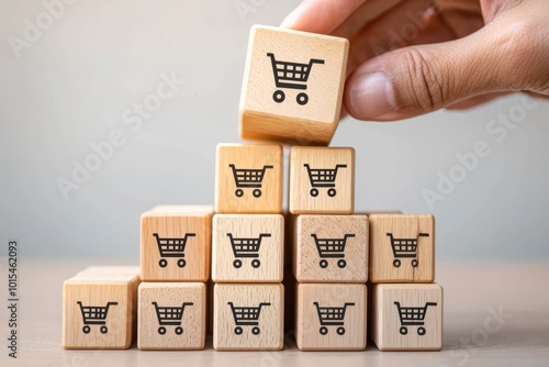 Hands stack wooden cubes with graph and shopping cart symbols representing growth in e-commerce and market trends promoting business analytics