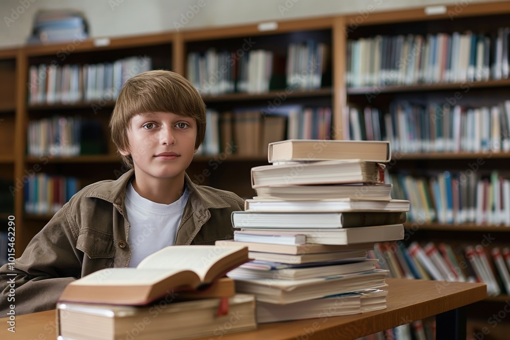 Young boy reads at wooden desk in library surrounded by bookshelves. Brown hair, white shirt, books of various colors, sizes. Boy focused on reading, learning, education. Young boy reads at wooden desk in library surrounded by bookshelves. Brown hair, white shirt, books of various colors, sizes. Boy focused on reading, learning, education.