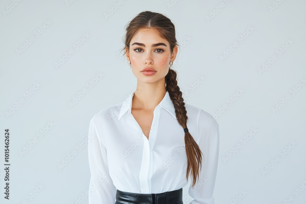 Stylish Woman Posing in a White Shirt and Black Skirt with a Braided Hairstyle. Generative AI. Stylish Woman Posing in a White Shirt and Black Skirt with a Braided Hairstyle. Generative AI.