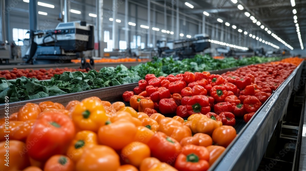 Freshly harvested vegetables, including carrots and bell peppers, are sorted by mechanical arms on conveyor belts in a bright agricultural facility, showcasing advanced efficiency Freshly harvested vegetables, including carrots and bell peppers, are sorted by mechanical arms on conveyor belts in a bright agricultural facility, showcasing advanced efficiency