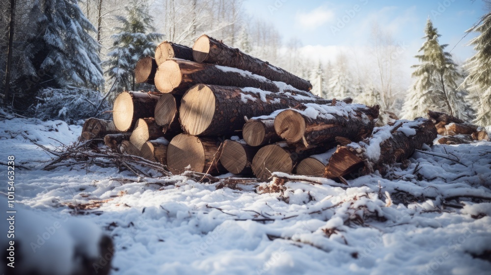 Heavy logs from cut fresh brown pine trees lie on the ground in winter in the forest during the day. Neural network ai generated art Heavy logs from cut fresh brown pine trees lie on the ground in winter in the forest during the day. Neural network ai generated art