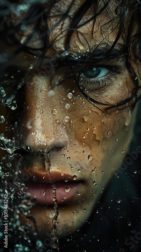 Water Droplets on a Woman's Face - A Close-Up Portrait