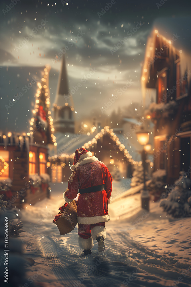 Santa Claus Strolling Through a Snowy Christmas Village at Night: Enchanting Holiday Scene Full of Warmth and Cheer Santa Claus Strolling Through a Snowy Christmas Village at Night: Enchanting Holiday Scene Full of Warmth and Cheer