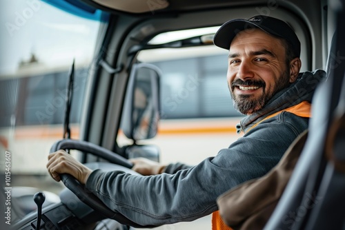 Man in gray uniform and orange safety vest sits in truck cabin. Large windshield, side mirror. Hands gripping steering wheel. Parked on road with bus in background.