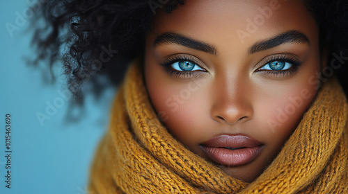 beautiful black woman with blue eyes wearing a brown knit scarf