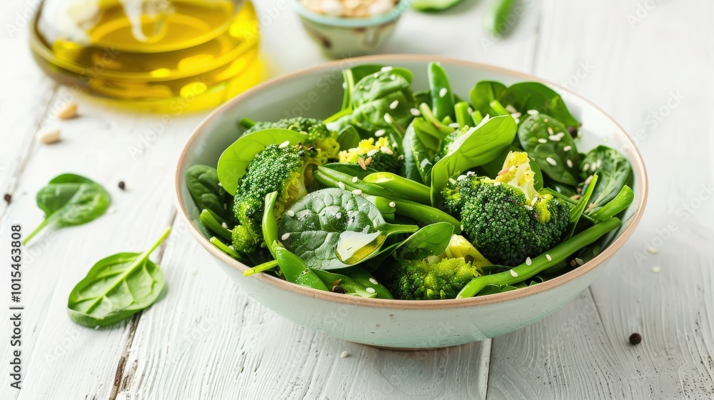Vibrant Green Salad with Broccoli, Spinach, and Green Beans Drizzled with Olive Oil on White Wooden Surface Vibrant Green Salad with Broccoli, Spinach, and Green Beans Drizzled with Olive Oil on White Wooden Surface