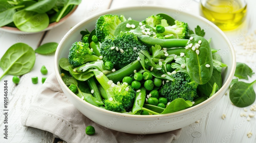 Vibrant Green Salad with Broccoli, Spinach, and Green Beans Drizzled with Olive Oil on White Wooden Surface Vibrant Green Salad with Broccoli, Spinach, and Green Beans Drizzled with Olive Oil on White Wooden Surface