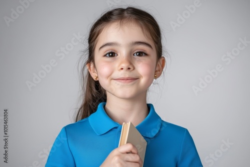 Joyful young girl in blue shirt holding a book exuding happiness in front of neutral grey background perfect for childhood education and reading themes photo