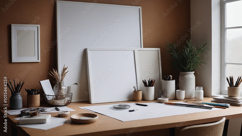 A study room interior design with decoratives, accessories and a black poster frame mock-up on the wall 3d illustration. A study room interior design with decoratives, accessories and a black poster frame mock-up on the wall 3d illustration.