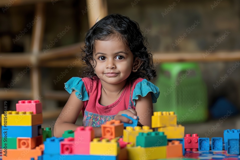 Young girl plays with colorful building blocks on table. Curly hair, vibrant blocks, chaotic scene, radiant smile, sparkling eyes. Simple wooden backdrop provides warm setting. Young girl plays with colorful building blocks on table. Curly hair, vibrant blocks, chaotic scene, radiant smile, sparkling eyes. Simple wooden backdrop provides warm setting.
