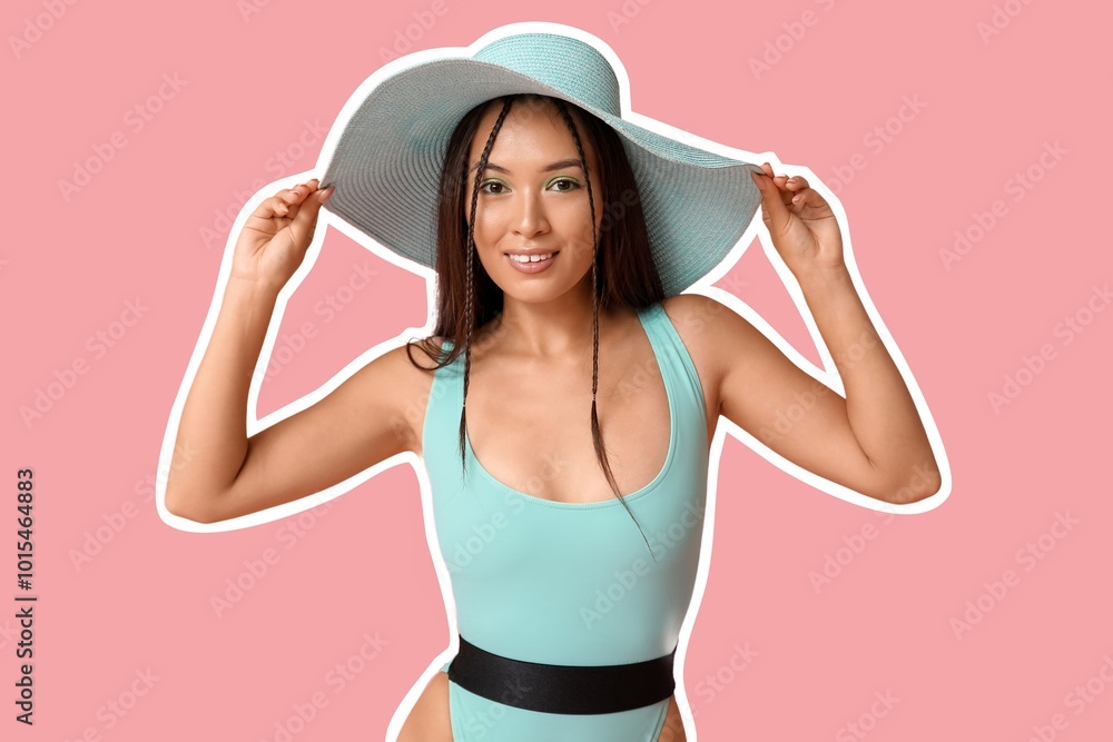 Beautiful Asian woman with stylish makeup, hat and swimsuit on pink background Beautiful Asian woman with stylish makeup, hat and swimsuit on pink background