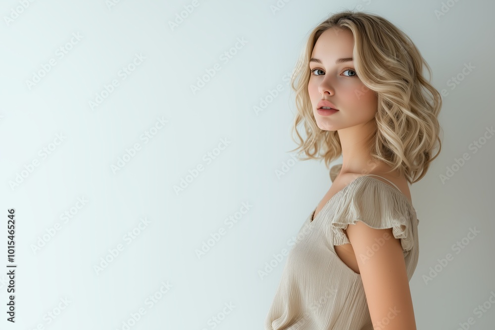 Elegant Portrait of a Blonde Woman Looking Over Her Shoulder. Generative AI. Elegant Portrait of a Blonde Woman Looking Over Her Shoulder. Generative AI.