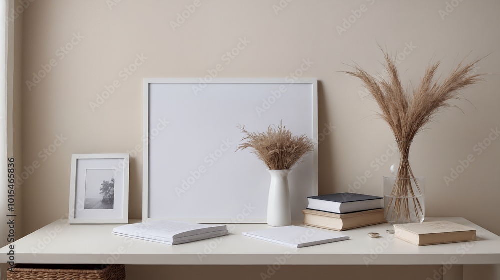 A study desk interior design with decoratives, accessories and poster frame mock-up on the wall 3d illustration. A study desk interior design with decoratives, accessories and poster frame mock-up on the wall 3d illustration.
