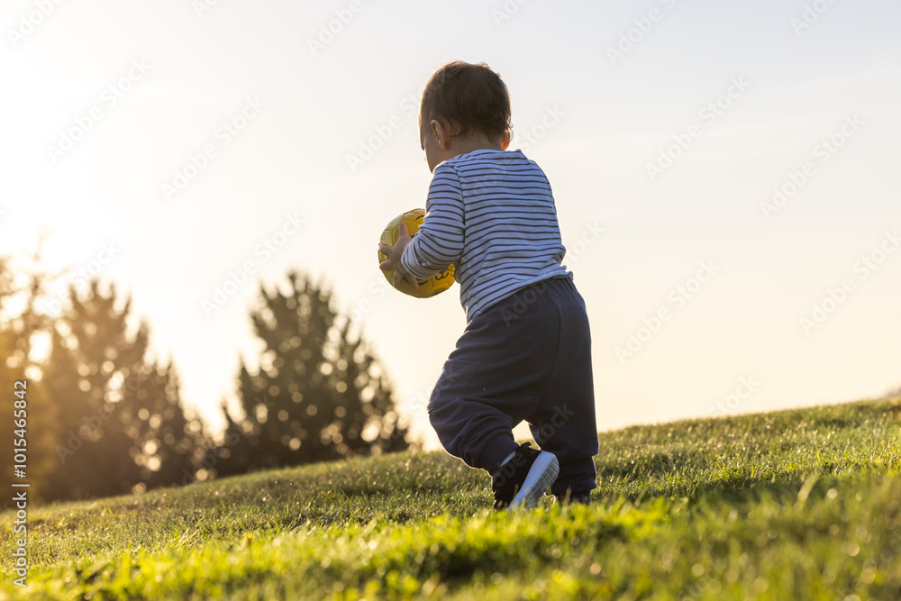 Toddler Enjoying Playtime with a Soccer Ball in Sunlit Park Toddler Enjoying Playtime with a Soccer Ball in Sunlit Park