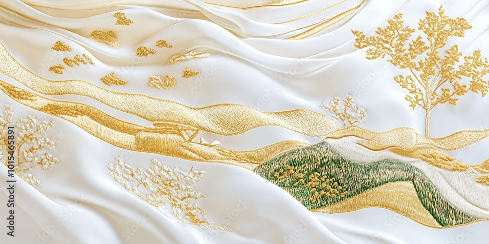 White fabric with gold and green embroidered landscape. White fabric with gold and green embroidered landscape.