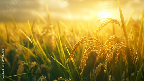 Close-up of golden rice stalks in a field bathed in the warm glow of the setting sun.