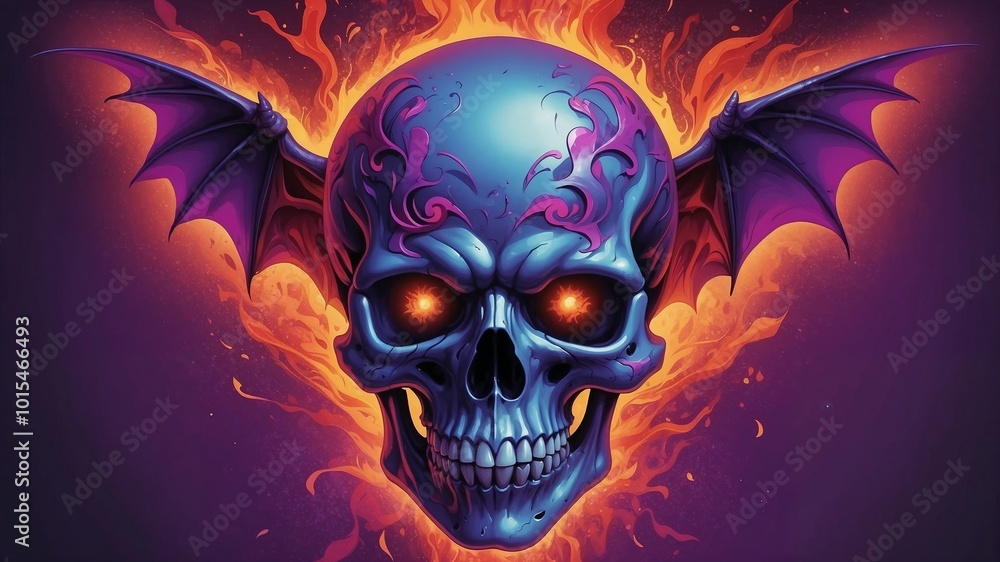 A fiery skull with small bat wings behind head A fiery skull with small bat wings behind head