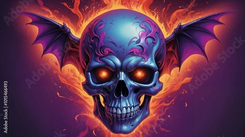 A fiery skull with small bat wings behind head