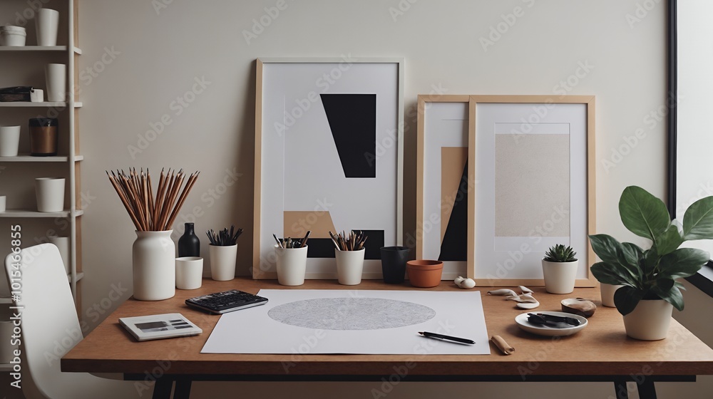 An activity or study room interior design with decoratives, accessories and poster frame mock-up on the wall 3d illustration. An activity or study room interior design with decoratives, accessories and poster frame mock-up on the wall 3d illustration.