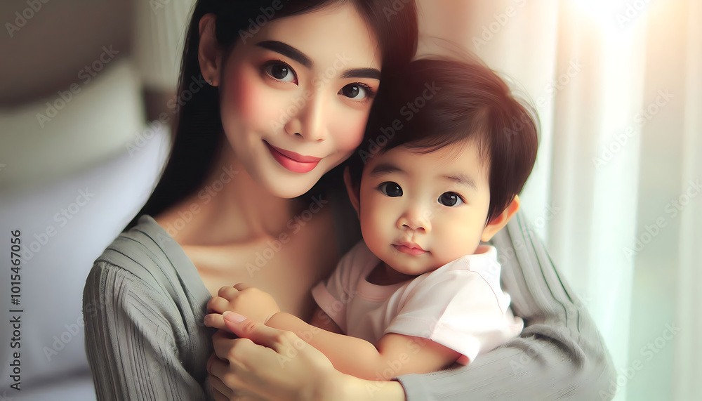 A loving mother holding her joyful child, capturing the happiness of family and motherhood A loving mother holding her joyful child, capturing the happiness of family and motherhood